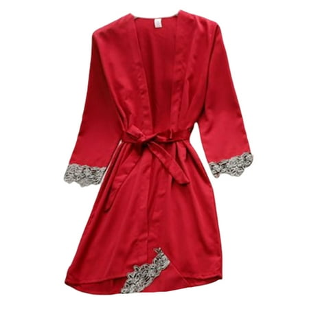

Colisha Ladies Pajamas Set Long Sleeve Robe V Neck Nightgowns Lightweight Night 5 Pieces Pjs Red 3XL