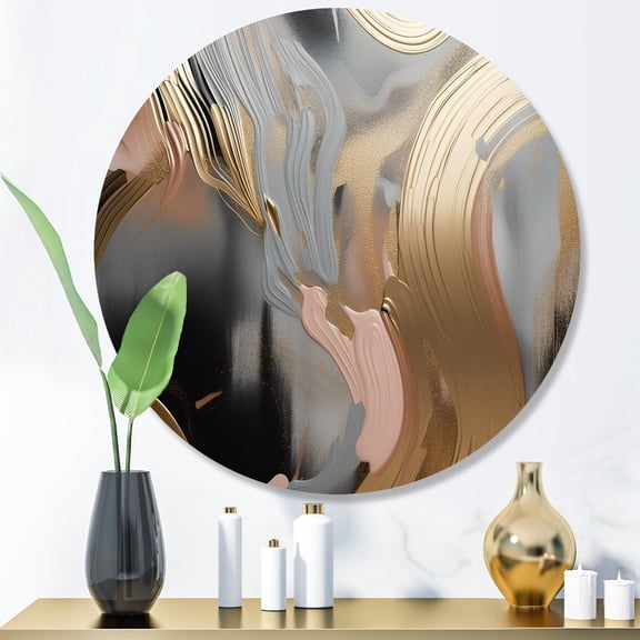 Designart "Vibrant Swirls Gold and Pink IV" Abstract Marble Metal Round Wall Decor