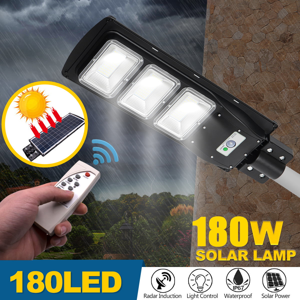 1800W 180000LM LED Solar Wall Street Light Motion Sensor Floodlamp+Remote Home 