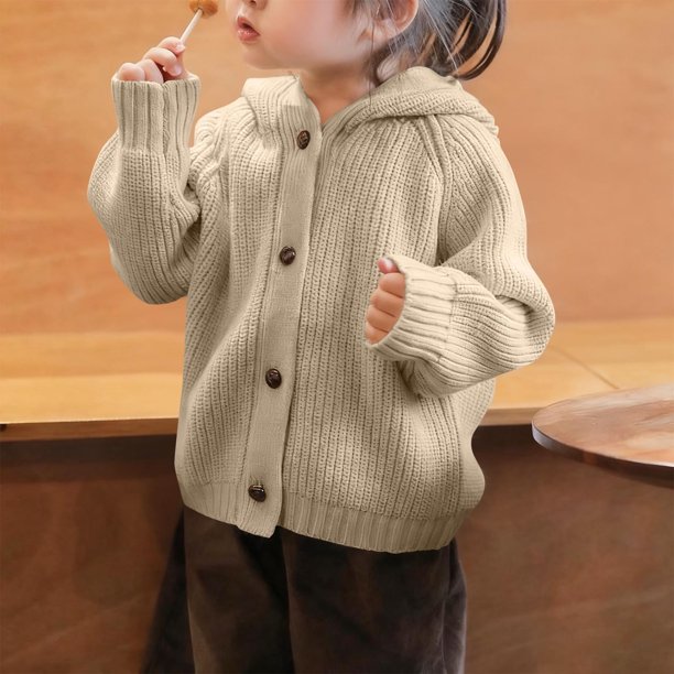 Suéter de manga larga con capucha para niños, chaquetas y abrigos casuales, de color liso, con capucha y botones, top de punto cómodo e informal, blusa de poliéster para niños.