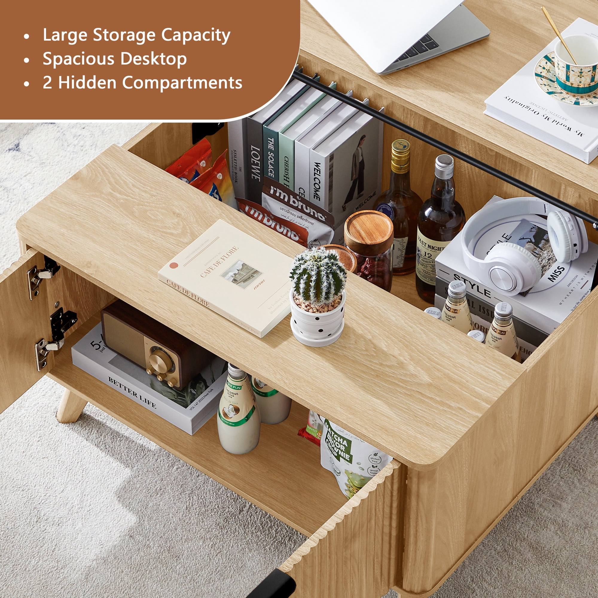 PHOYAL Wood Lift Top Coffee Table with Hidden Compartments for Storage, Fluted Square Coffee Table with 2 Doors for Living Room, Natural