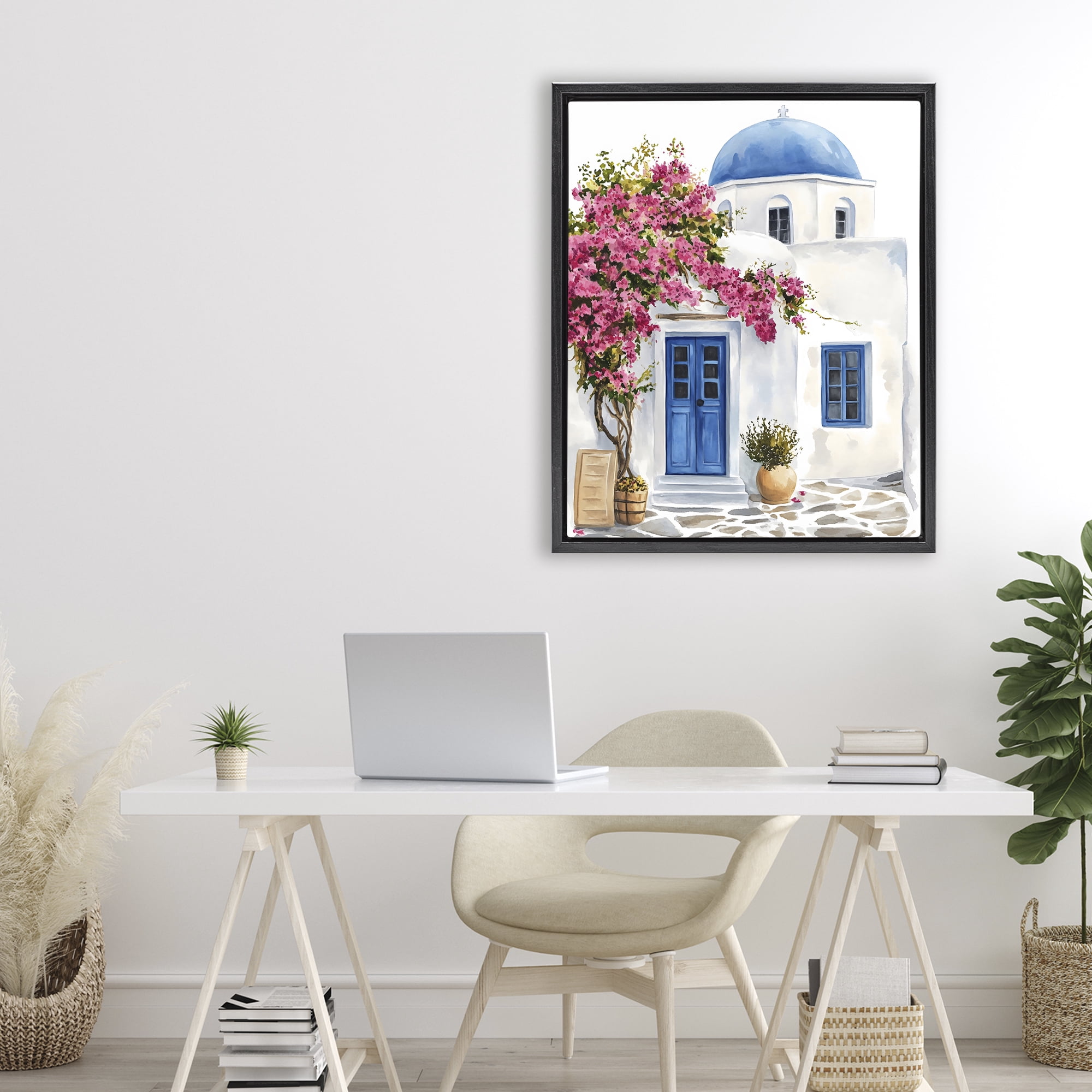 Stupell Industries Santorini House with Bougainvillea Black Framed Floater Canvas Wall Art, design by LSR Design Studio