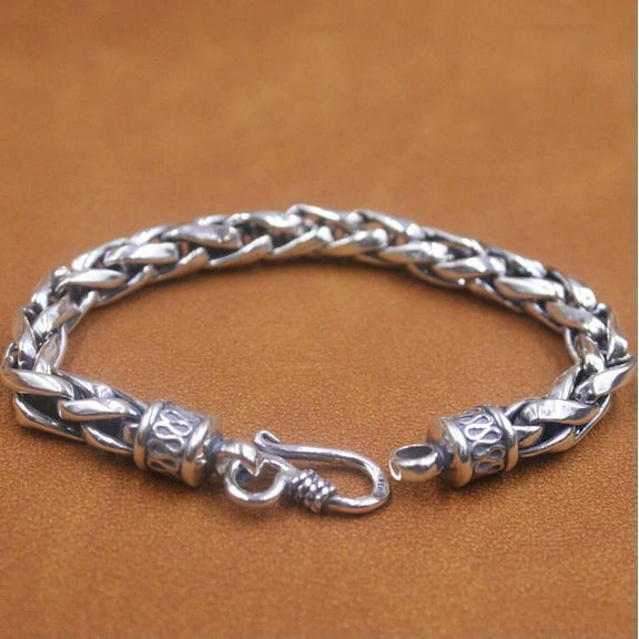 K-KED Real 925 Sterling Silver Bracelet Men 8mm Weave Wheat Rope Link 7.5inch L