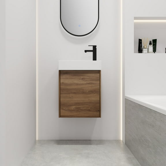Noble House 18" Slim Floating Bathroom Vanity, Ceramic Sink, Soft-Close Door, Small Wall-Mount, Brown Ebony