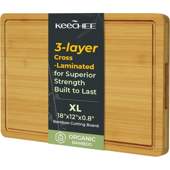 Keechee XL Bamboo Cutting Board, 18" x 12" Wooden Chopping Board with Deep Juice Groove and Built-in Handle
