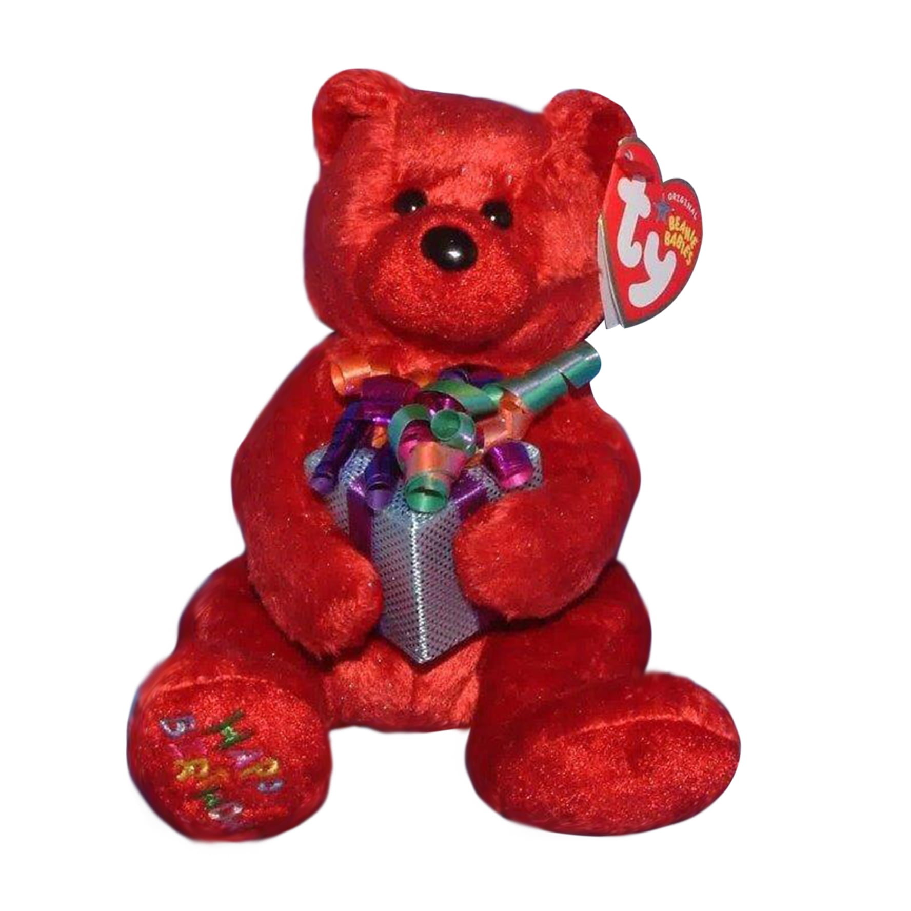 Ty Beanie Baby Happy Birthday the Bear Red Holding Gift Stuffed
