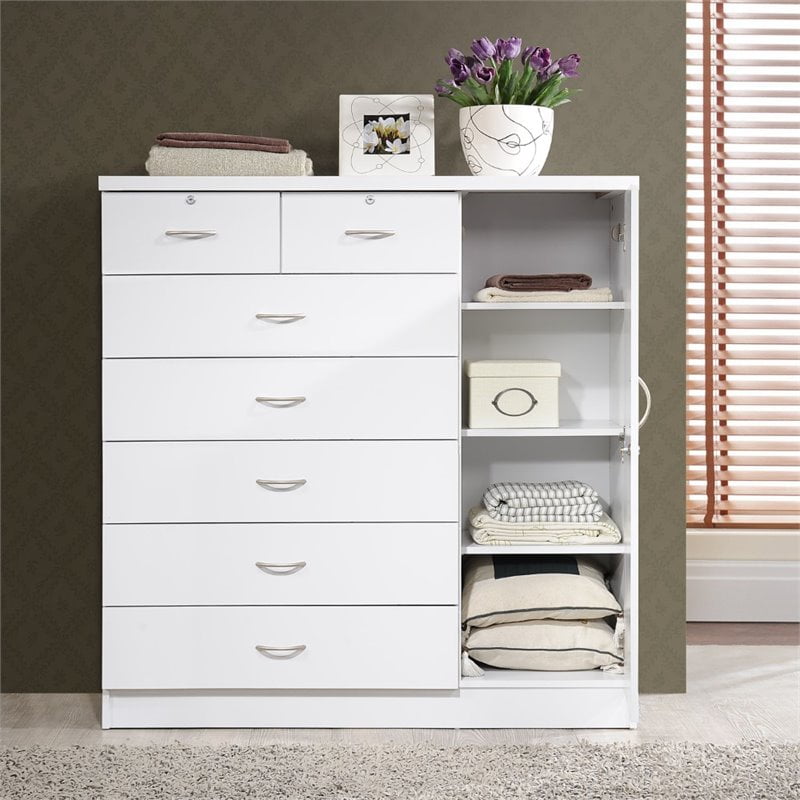 Hodedah 7-Drawer Chest with Locks on 2-Top Drawers Plus 1-Door 3-Shelves - White