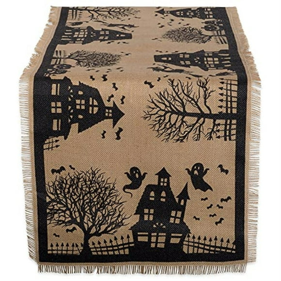 Design Imports DII Haunted House Burlap Table Runner 14x113