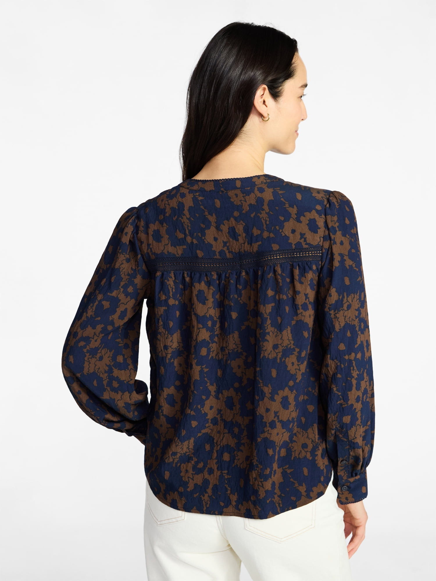 Time and Tru Women's Lace Yoke Shirt with Long Sleeves Sizes XS-XXXL