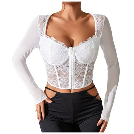 LARUYEKO Women s Long Sleeve Lace Mesh Crop Top Sexy Corset Slim Fit Square Neck Solid Color Top Sheer Blouse Glasses Bag Pouch Bandeau Bra Shirt Mesh Pouch Bulk Tube Tube Top Maternity Women s Tube