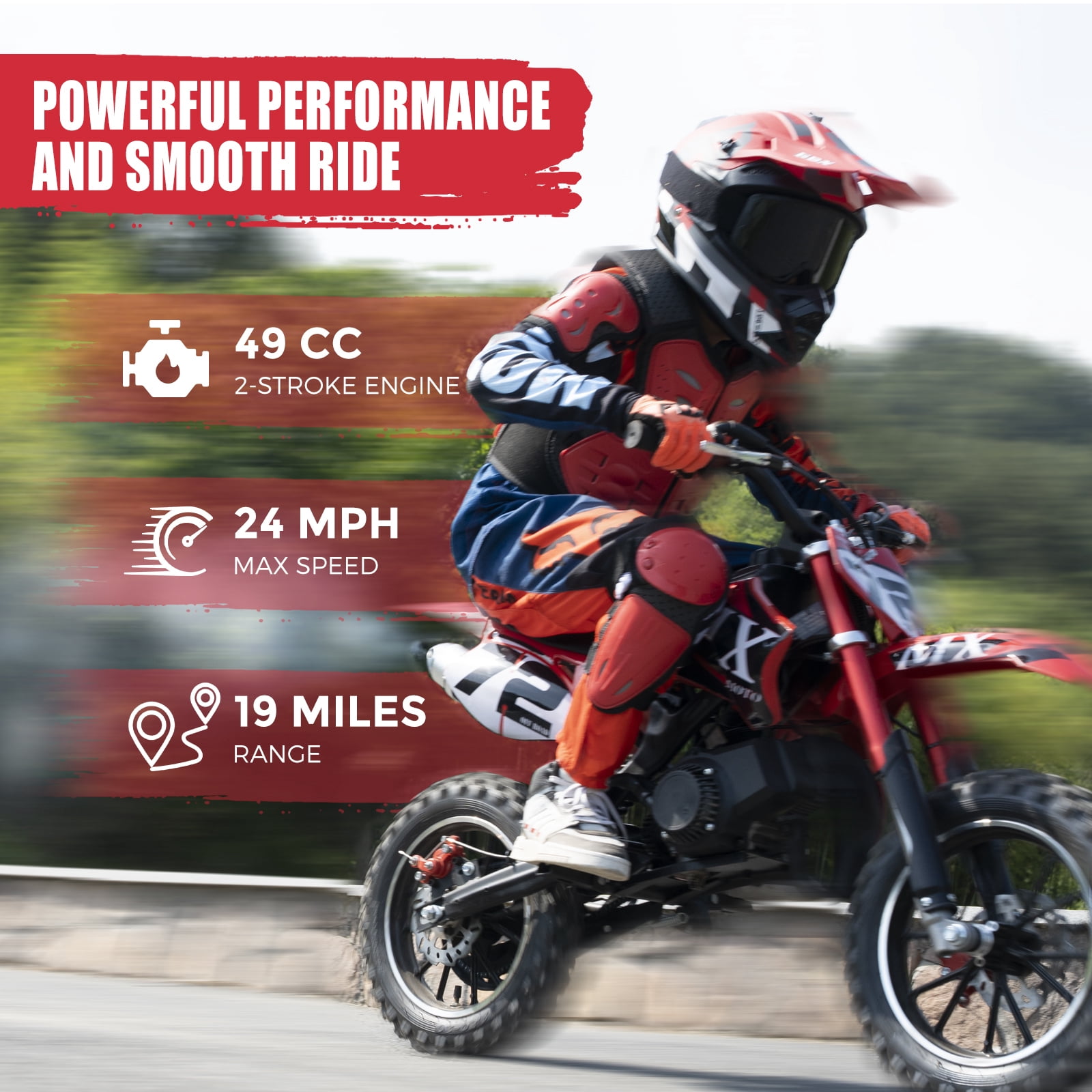 MX Moto 49CC Kids Dirt Bike, 2-Stroke Gas Powered off Road Motorcycle, Tire Shock Absorber Spring Soft Seat Cushion with F & R Disc Brake, Max Speed 24 mph, with Armor