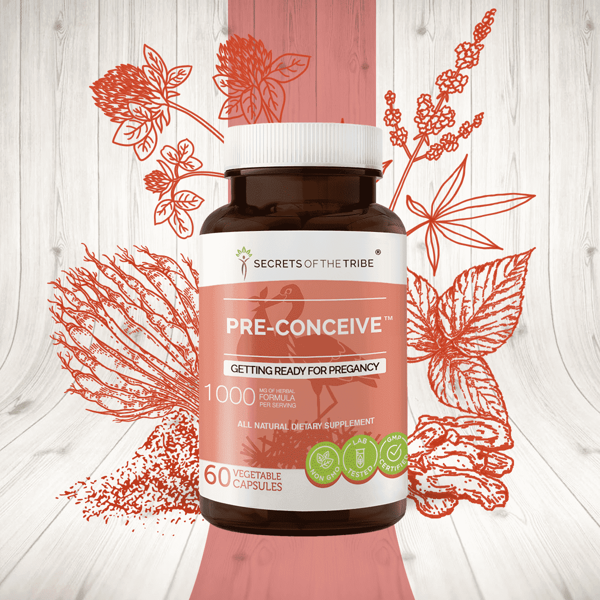 Secrets of the Tribe Pre-Conceive Capsules Dietary Supplement, Natural Herb Blend, Made from Vitex, Red Raspberry, Black Cohosh, Red Clover, White Peony, Shatavari 60 Count