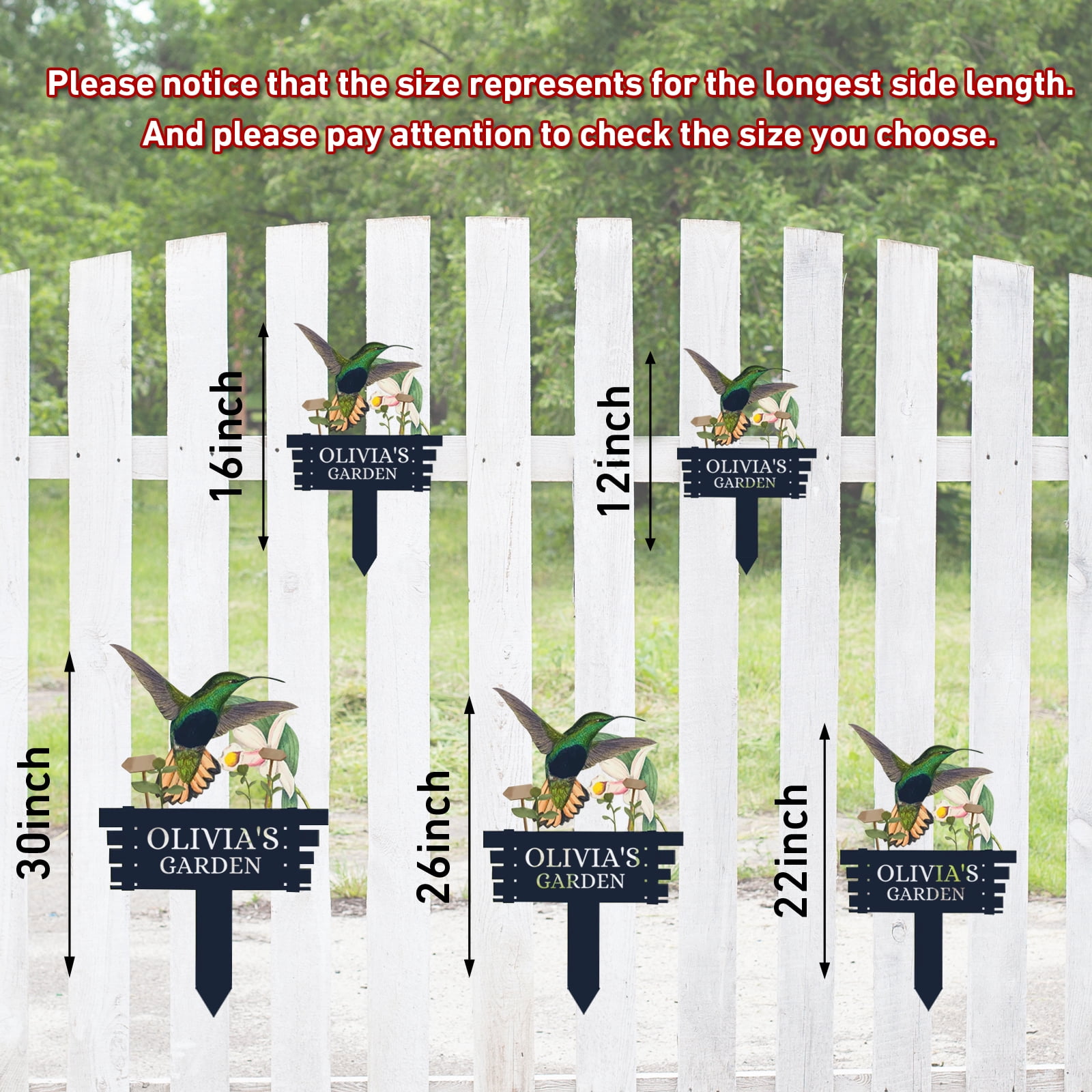 Personalized Humming Bird Flowers Garden Sign, Custom Metal Garden Signs for Outside, Custom Colorful Bird Garden Decor Art Yard Signs with Stakes, Custom Metal Name Sign Gift for Gardeners(10inches)