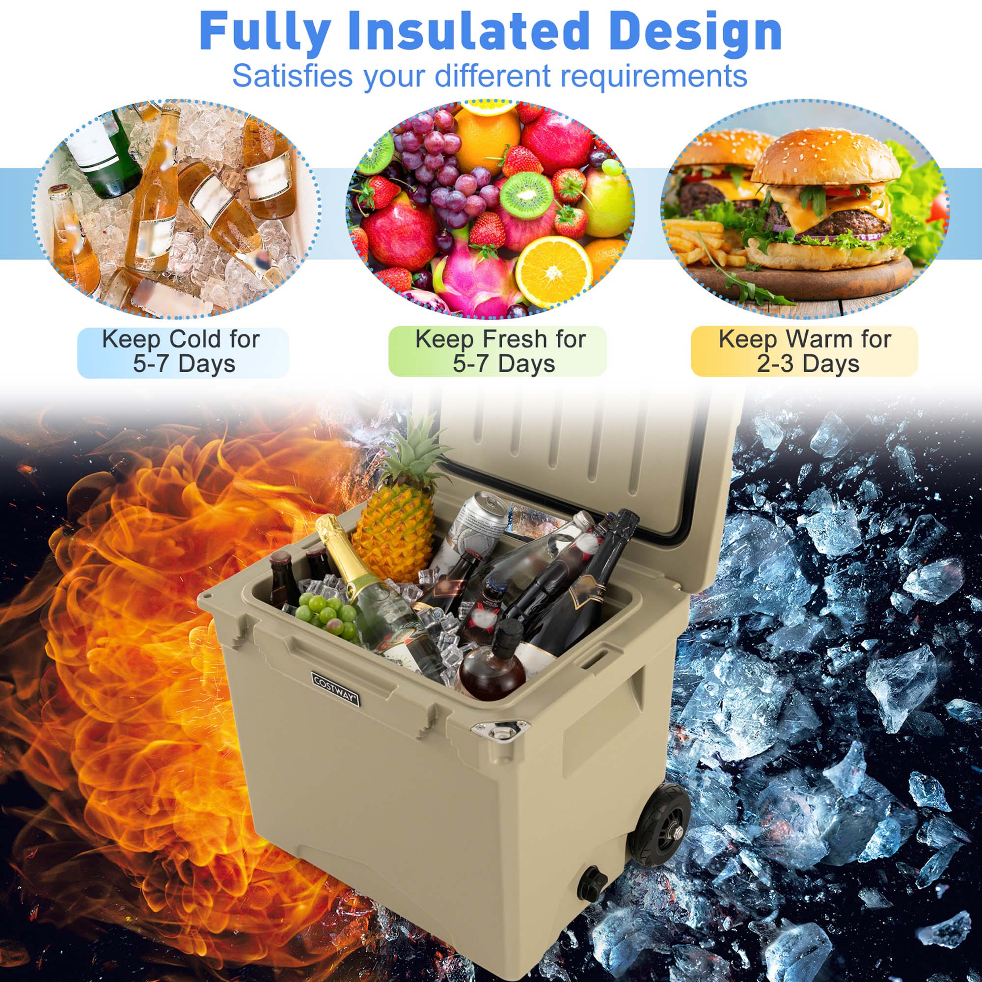 Costway 42 Qt Portable Cooler Roto Molded Ice Chest Insulated 5-7 Days with wheels Handle Tan