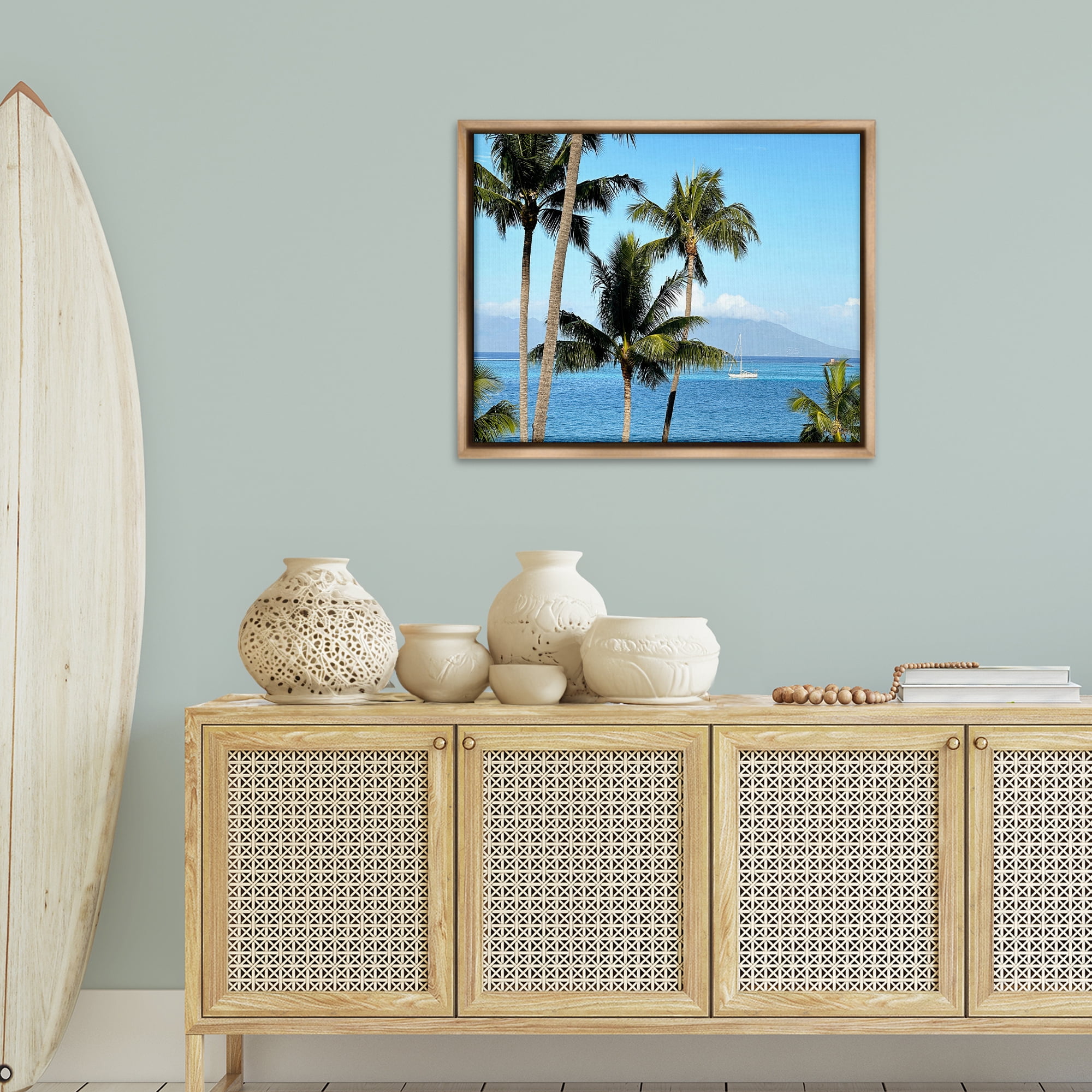 Stupell Industries Palm Trees & Sailboat Landscape Photography Brown Floater Framed Canvas Art Print Wall Art, 31 x 25
