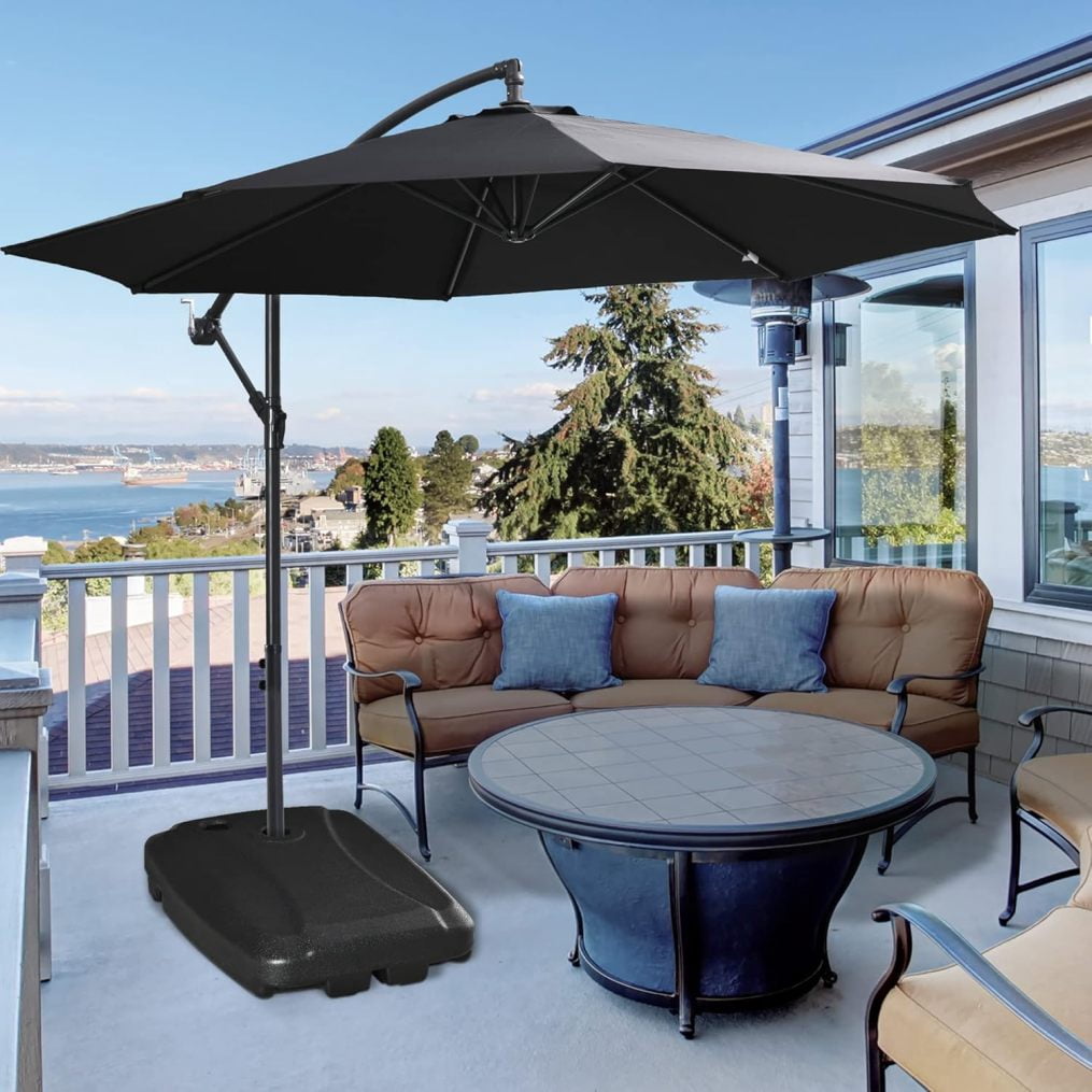 WJSP Cantilever Umbrella Base, 165 lbs. Capacity, Portable Offset Umbrella Stand on Wheels, Mobile, Heavy-Duty, Fillable with Water or Sand, Black