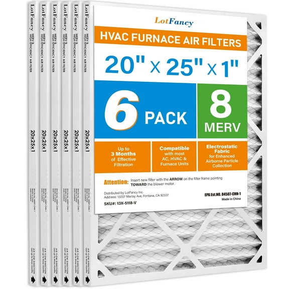 LotFancy 20x25x1 Air Filters, 6 Pack, MERV 8 Pleated HVAC AC Furnace Filters