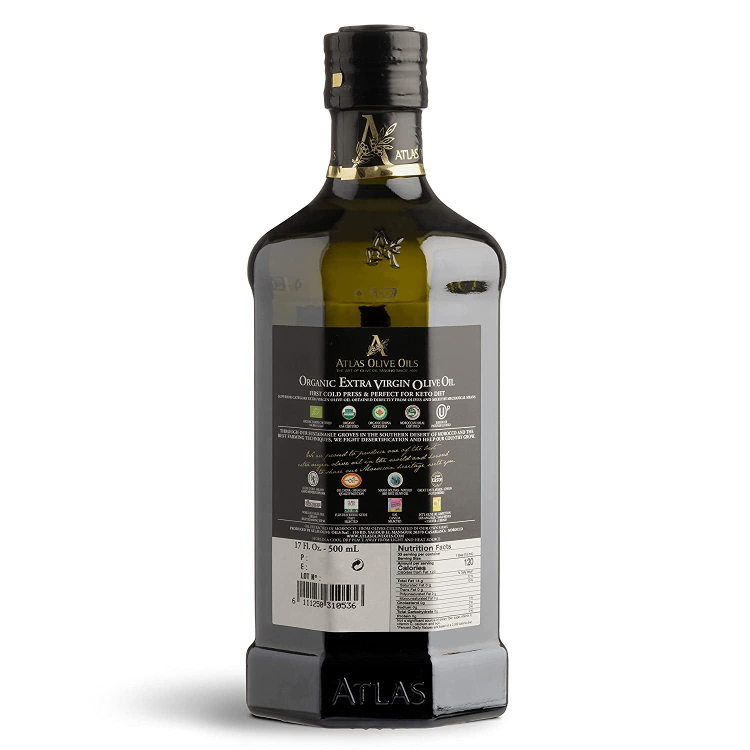Atlas 500 ml Organic Cold Pressed Moroccan Extra Virgin Olive Oil, Polyphenol Rich | EVOO From Morocco, Newly Harvested Unprocessed from One Single Family Farm | Trusted by Michelin Star Chefs