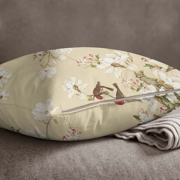 S4Sassy Square Cotton Poplin 2 Pcs Floral & Bird Print Beige Cushion Cover Throw-24 x 24 Inches