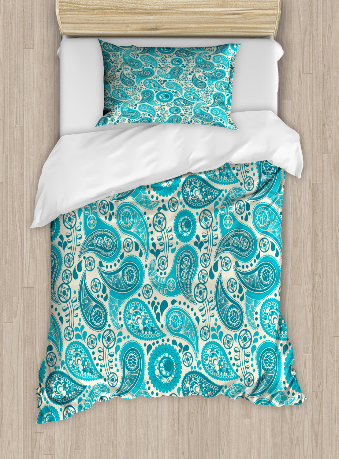 Turquoise Duvet Cover Set Twin Size, Paisley Pattern Antique Floral