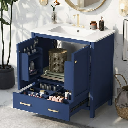 Zolaris Modern Bathroom Vanity with Ceramic Sink, Shelves, Drawers, Wood, Blue