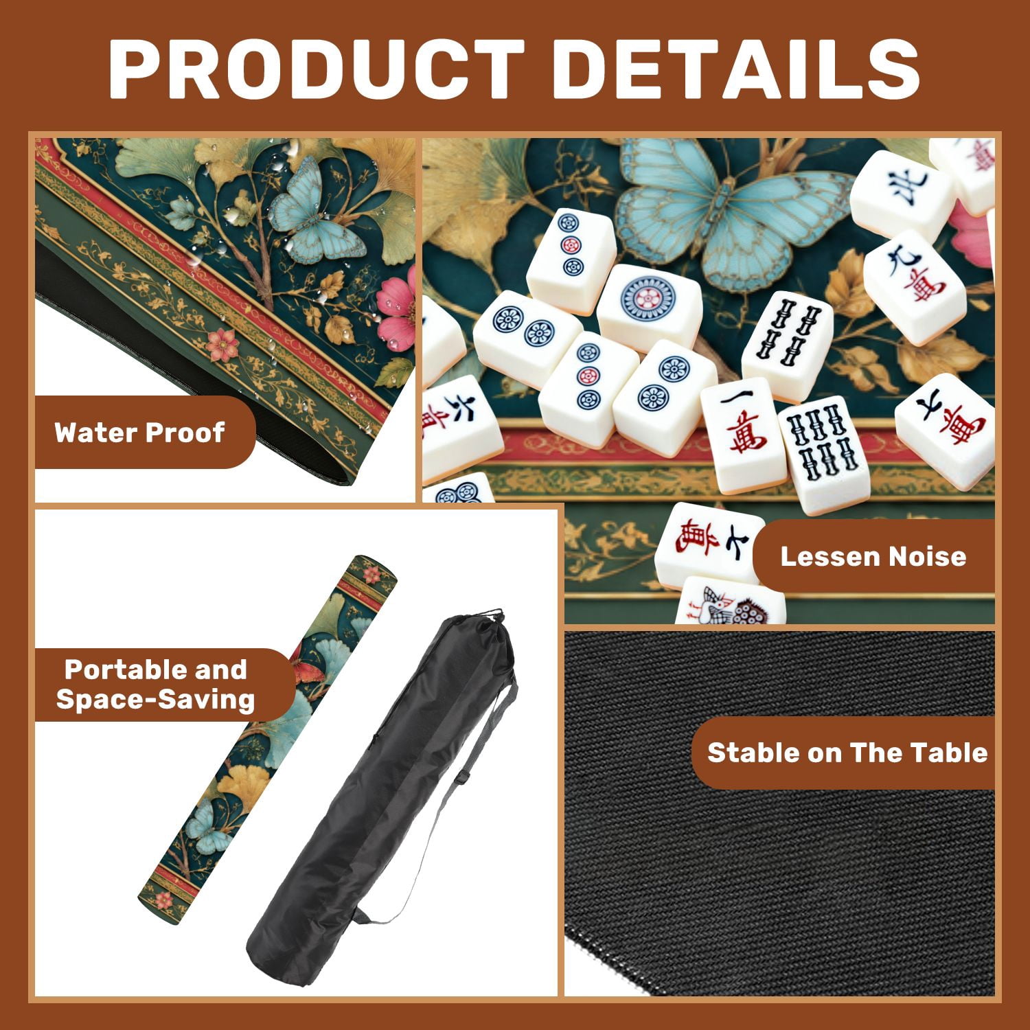Mahjong Mat 31.5" x 31.5" Floral Botanical Ginkgo Leaves Butterflies Emerald Green Non-Slip Noise Reduction Mahjong Tiles Table Cover for Dominoes Poker Card Board and Tile Games