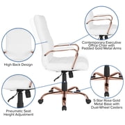 Flash Furniture Whitney High-Back Swivel LeatherSoft Desk Chair with Armrests, White/Rose Gold