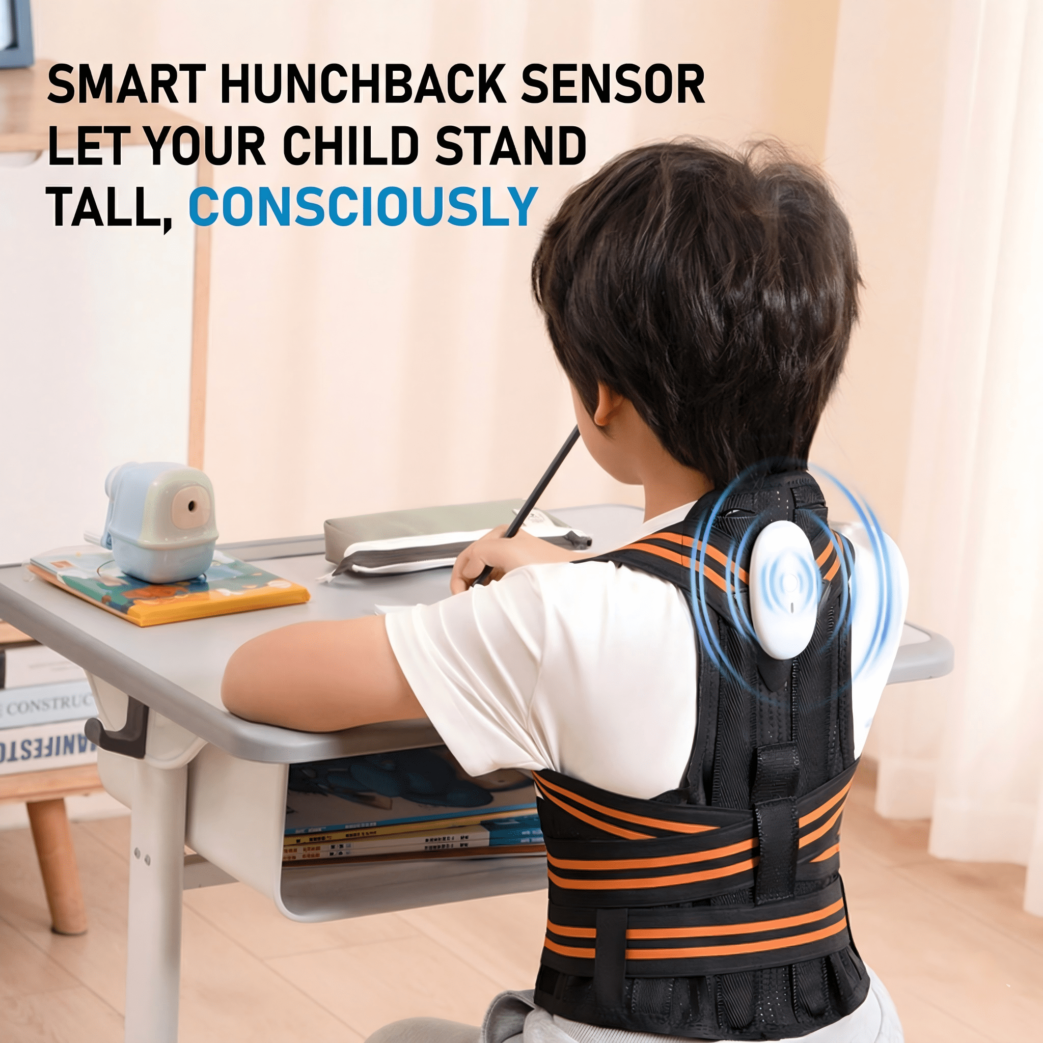 Smart Posture Corrector for Kids and Teens, Adjustable Back Support Belt with Fiberglass Keel & Spring Support, Ergonomic Spine Brace for Hunchback, Scoliosis, & Myopia Prevention – Size M, Black
