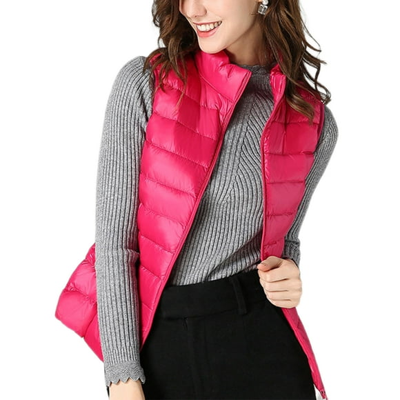 Sexy Dance Ladies Down Vests Zip Up Puffer Vest Stand Collar Waistcoat Casual Outwear Sleeveless Jacket Rose Red M