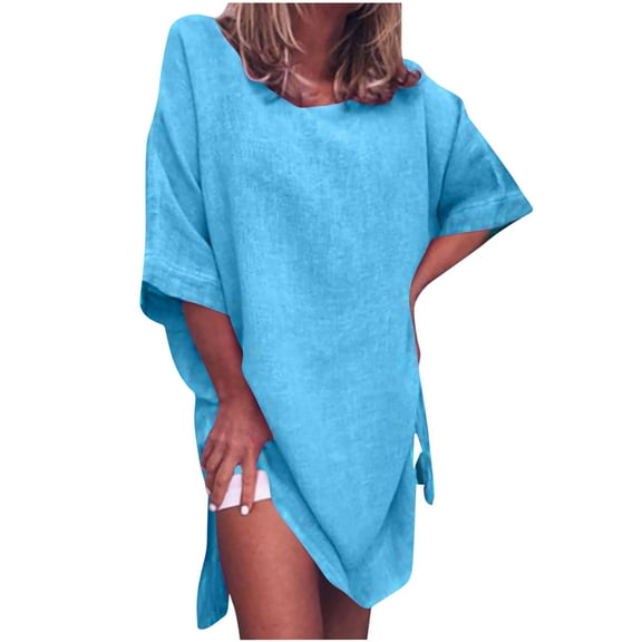 IROINNID Summer Dresses for Women T-shirt Dresses, Round Neck and Short Sleeve Cotton Soild Color Summer Dresses