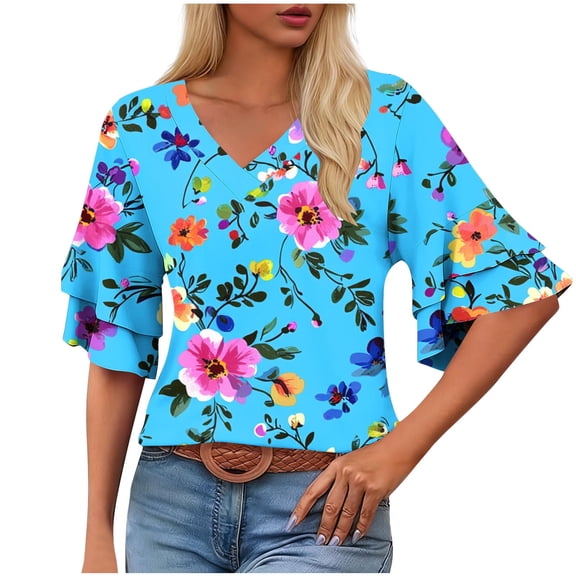 DeHolifer T-Shirts for Women V-Neck Camouflage Printed Ruffle Short Sleeve Summer Trendy Beach Lightweight Casual Tops Blue S