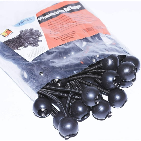 6 inch 25 Piece Heavy Duty 5mm Ball Bungee Canopy Cord By Wellmax, Black Color