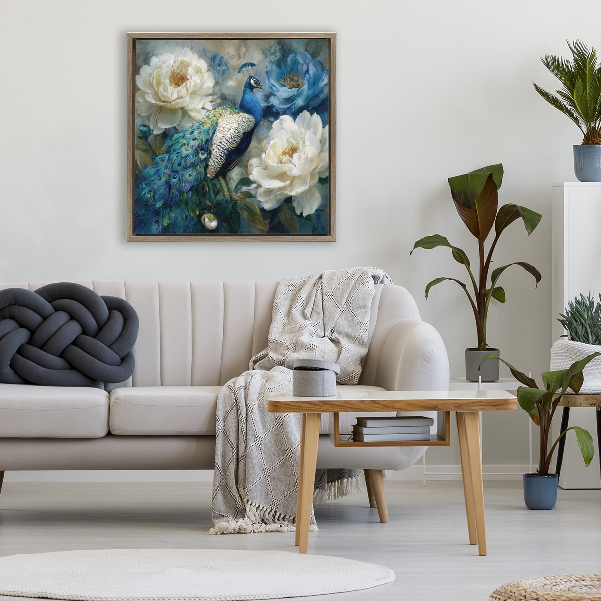 Stupell Industries Pretty Peony Peacock Brown Framed Floater Canvas Wall Art, design by Tina LeCour