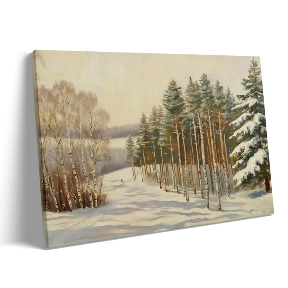 P&L Art Winter Forest Snowscape Canvas Wall Art, Serene Snowy Woods with Birch & Pine Trees, Christmas Framed Canvas Print