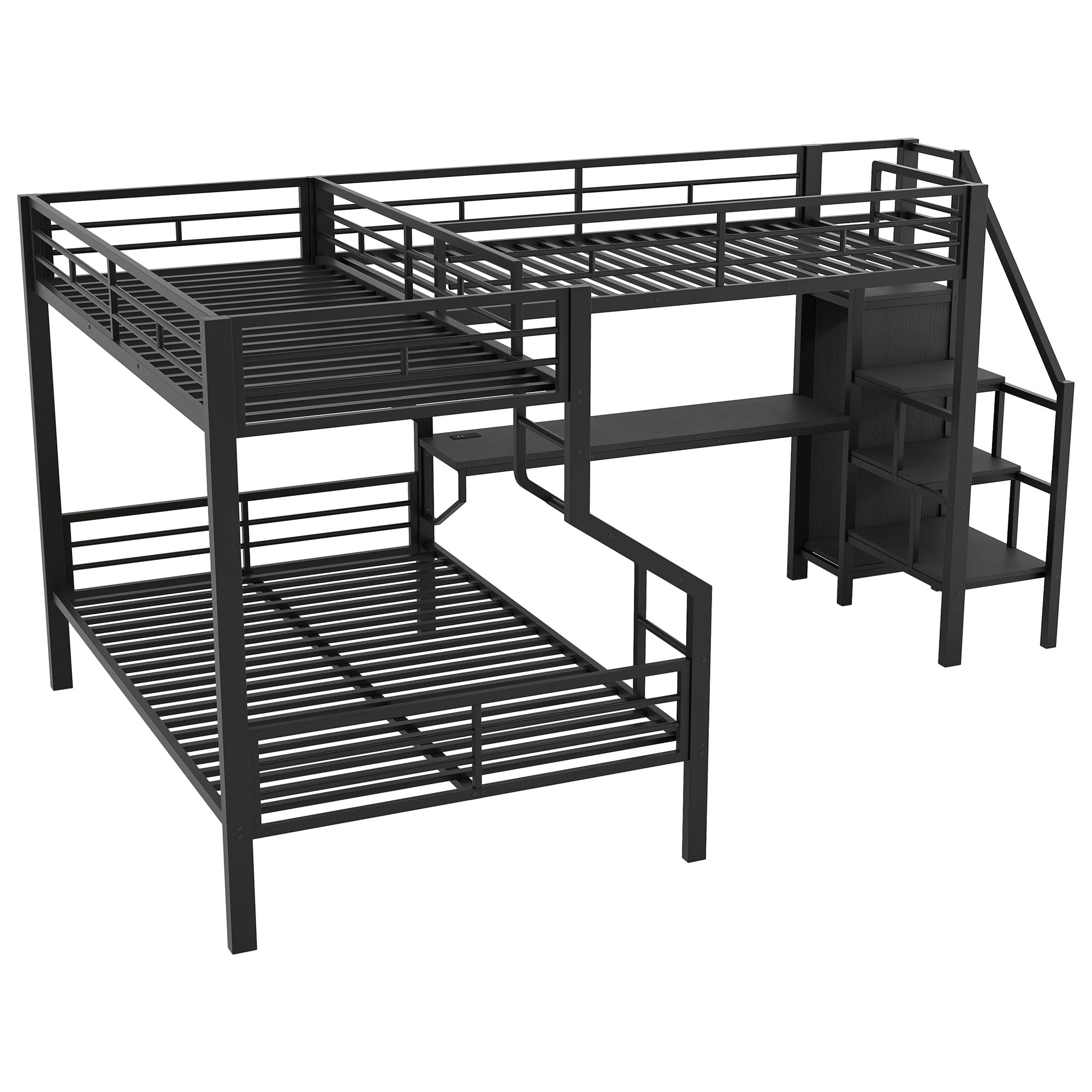 EUROCO Metal L Shaped Twin over Full Bunk Bed and Twin Gaming Loft Bed with Desk, Functional Storage Bed with Wardrobe and USB Ports, Black