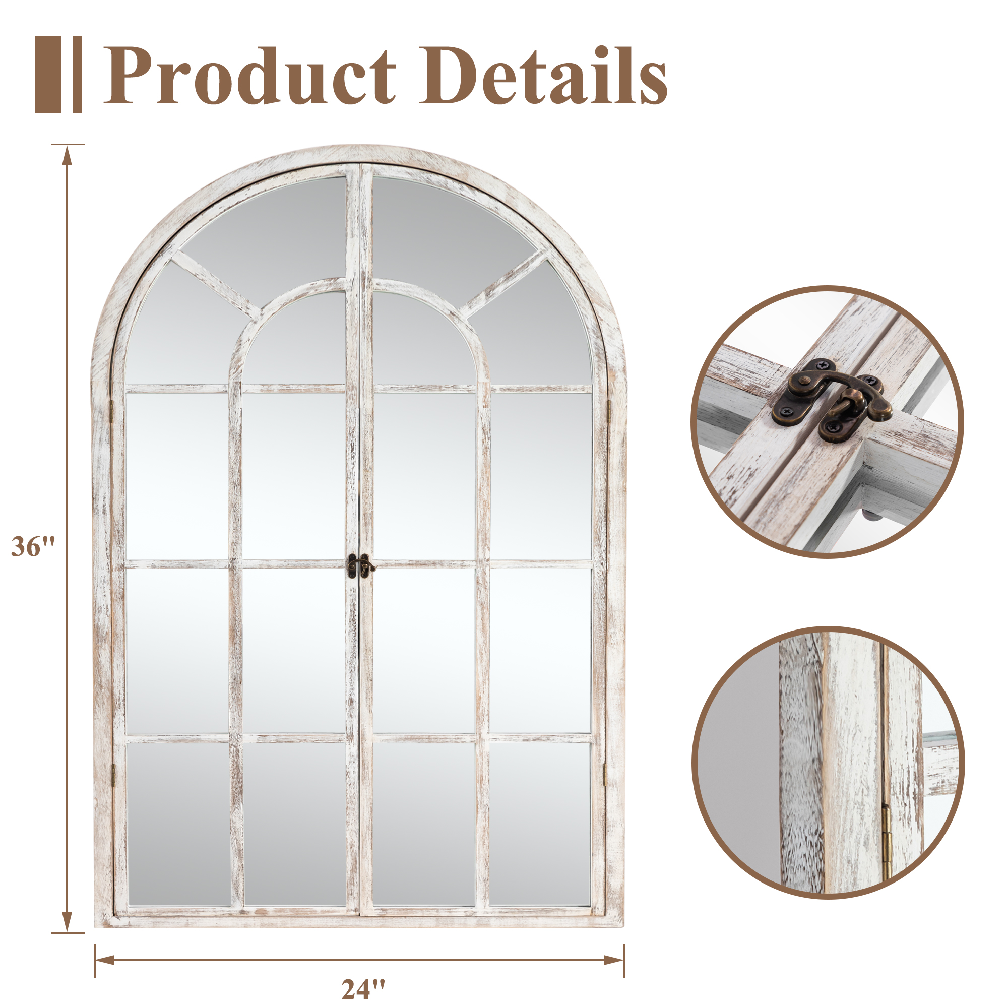 MAYEERTY 36"×24" Weathered White Solid Wood Window Mirror Right-Angle Arch, Grid, Openable for Bedroom