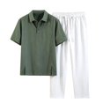 thumbnail image 4 of Cagogo Men's Plus Size 2 Piece Outfits Collared Short Sleeve Shirt Wide Leg Pants Casual Sets Solid Lounge Matching Suits Travel Vacation, Army Green XL, 4 of 5