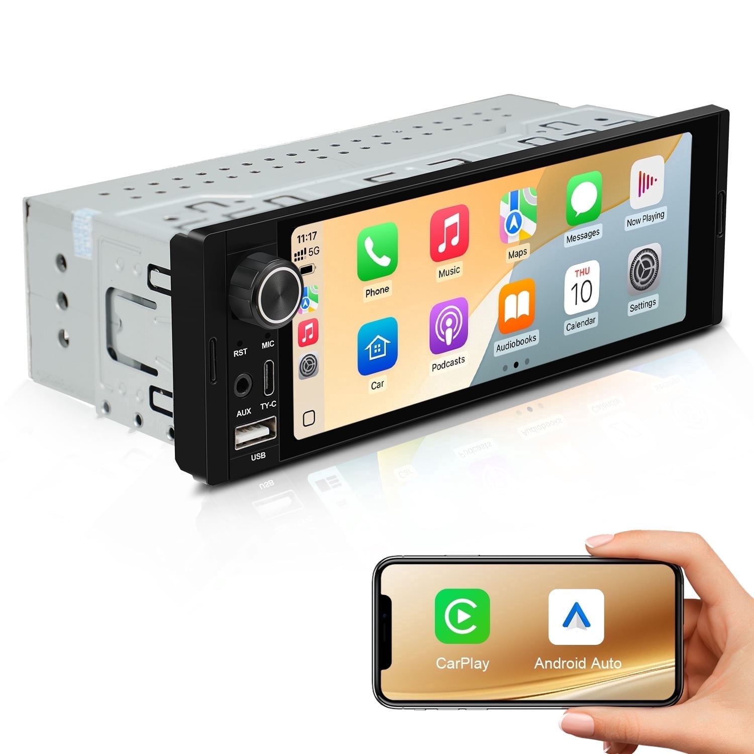 Single DIN Car Stereo - 6.36 Inch Touchscreen, Linux System, Wireless CarPlay & Android Auto, Built-in Bluetooth & Microphone for Hands-Free Calling/Music
