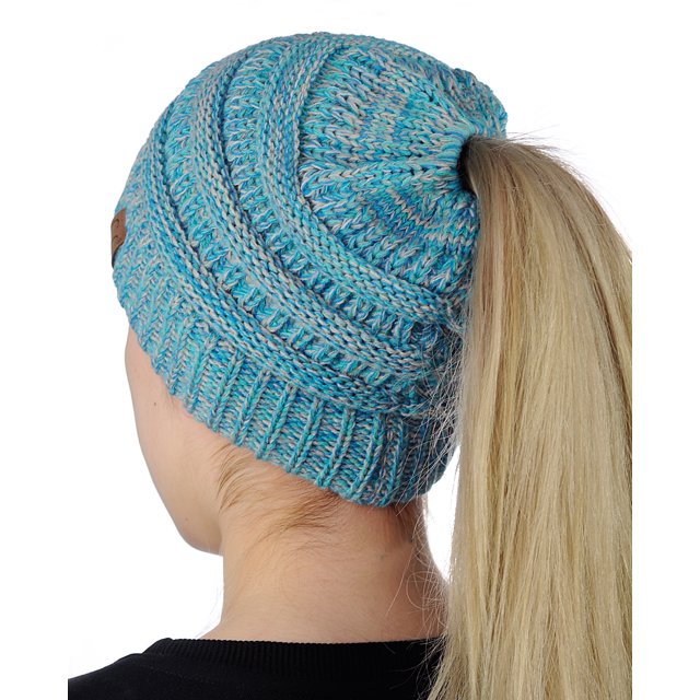 C.C Bonnet Queue de Cheval Extensible Doux Tricot Torsadé Chignon Haut, Mélange Turquoise