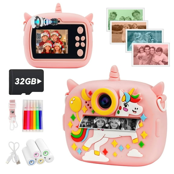 PayUSD Kids Camera Selfie Video Instant Print Birthday Gifts for Christmas Girls Boys Age 3-12 1080P Digital Photos Portable Toddler Toys for 4 5 6 7 8 9 10 Year Old with 32GB SD Card Pink Unicorn