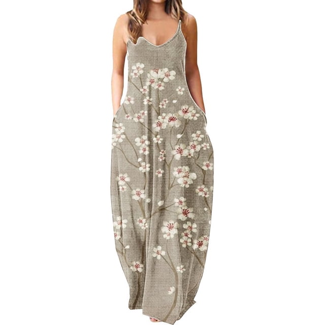 Robes Maxi pour Femmes Été Robe à Bretelles Spaghetti Grande Taille Décontractée Ample Plage Boho Robe d'Été avec Poches