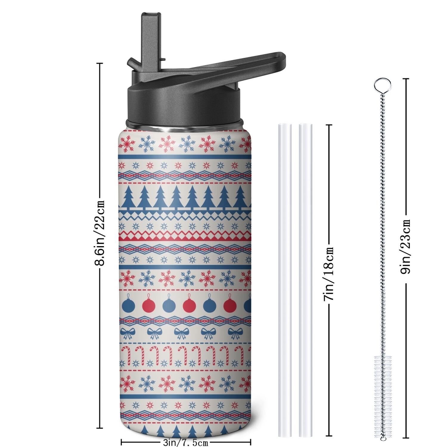 Christmas 18 oz Insulated Stainless Steel Water Bottle with Straw & Cleaning Brush , Leakproof, BPA-Free, 304 Stainless Steel, Wide Mouth, Travel Mug for Car, Gym, Office