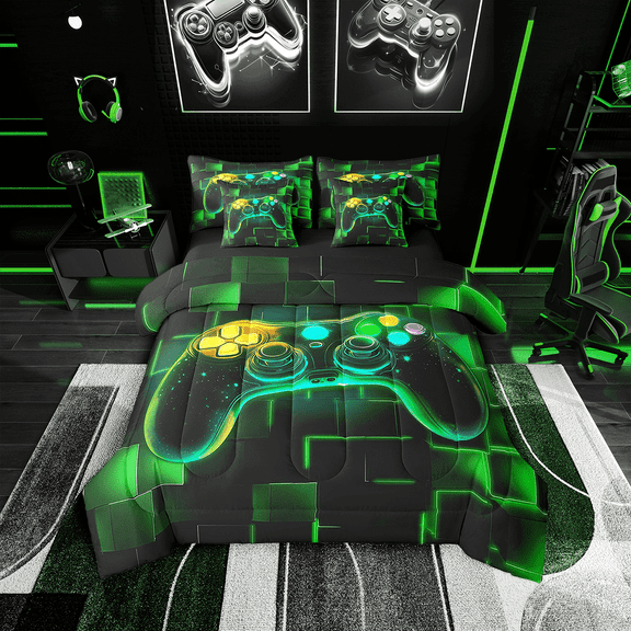 Erosebridal 7Pcs Gamer Comforter Set Twin,Gaming Bedding Comforter Set,Video Games Controller Gamepad Bed In A Bag Neon Glowing Square Geometric Grid Green Bed Sets With Comforter And Sheets