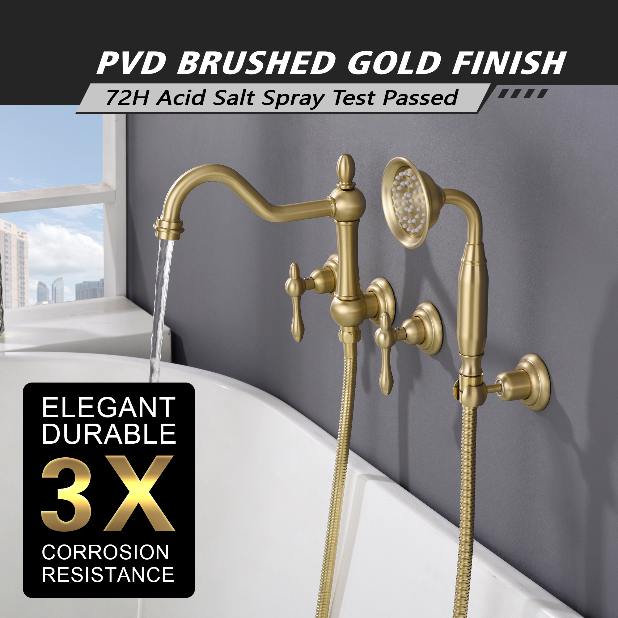 SUMERAIN Brushed Gold Wall Mount Tub Faucet with Hand Shower, Traditional Bathtub Faucet Set Including Rough-in Valve