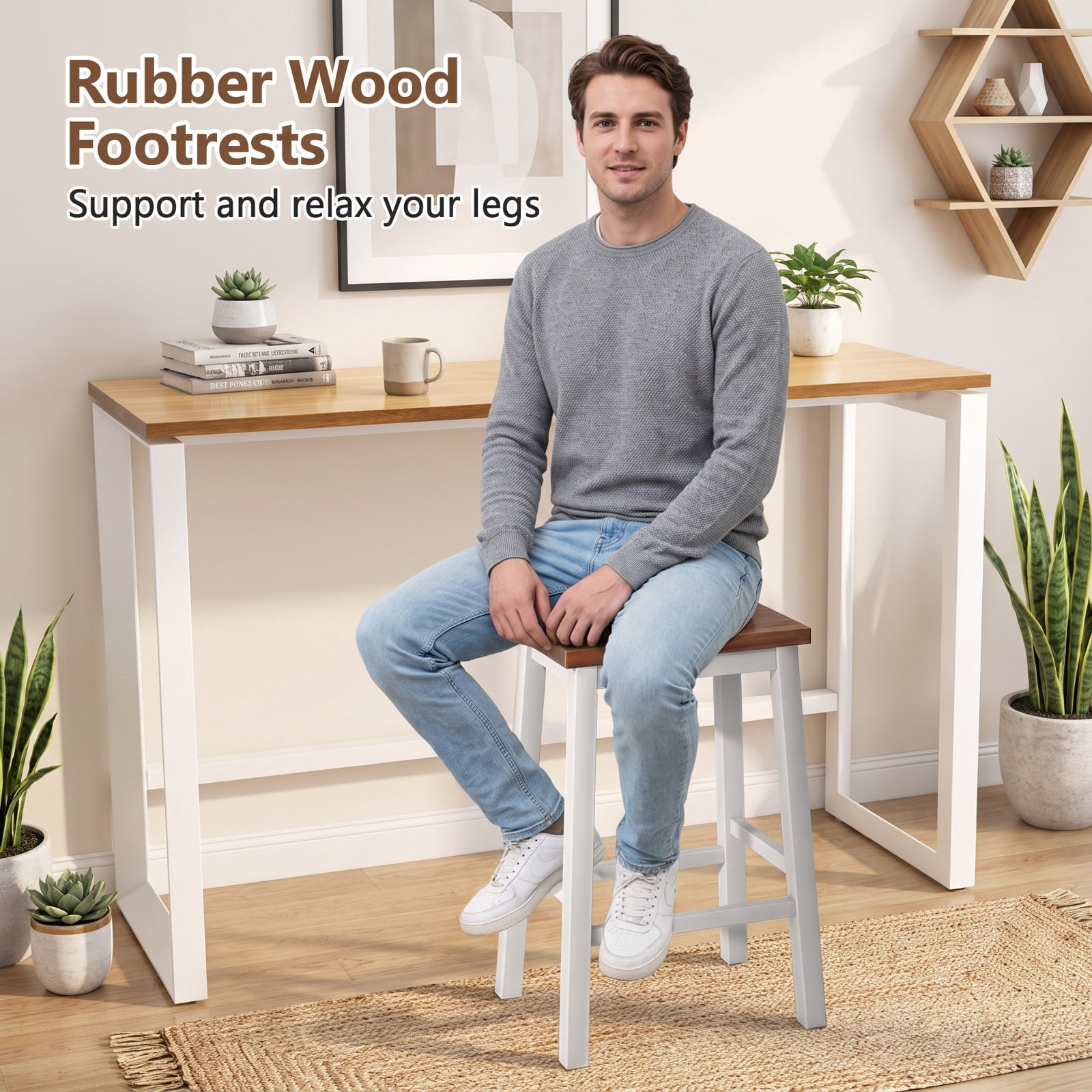 Furnibear 24.5-Inch Set of 2 Saddle Stools Bar Stools with Footrests for Kitchen Island-Walnut & Gray for Kitchen Island Counter Bar Pub, White