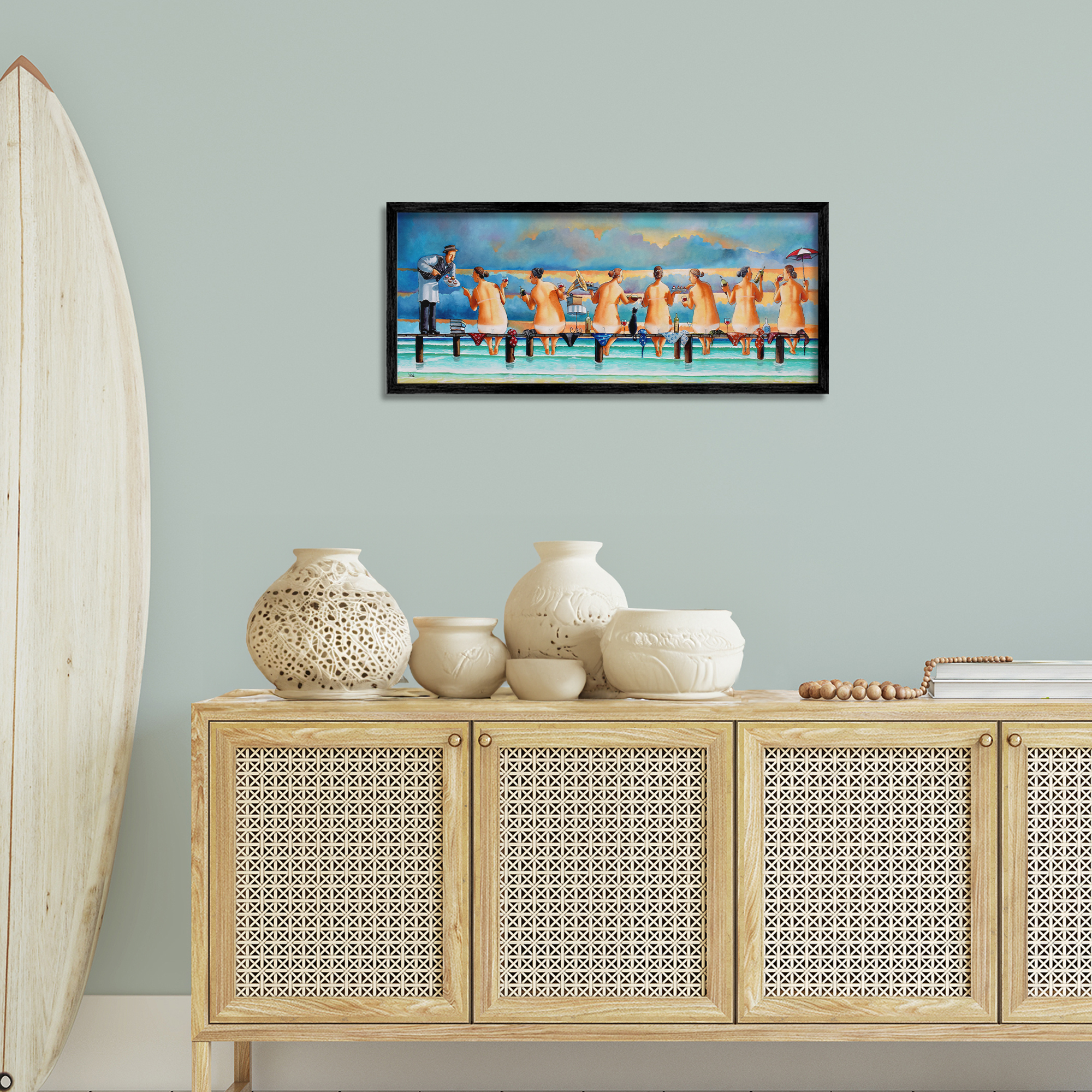 Stupell Industries Ladies Enjoying Beach Novelty Painting Black Framed Art Print Wall Art, 30 x 13