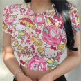 thumbnail image 1 of RWJDXD Chemises Décontractées d'Été pour Femmes Mode Urbaine Manches Courtes Crop Tops Imprimé Chat Hello Kitty Col Rond Ajusté T-Shirts, 1 of 5