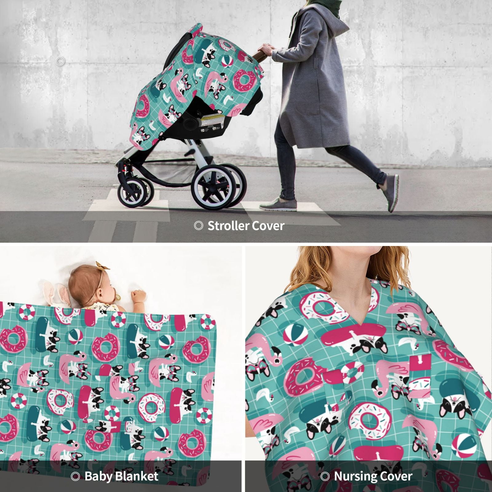 Car Seat Cover Baby - Swimming Bulldog Breathable Infant Car Seat Cover for Baby Carseat, Lightweight Comfort Baby Essentials Must Haves Newborn Stuff for Girl Boy