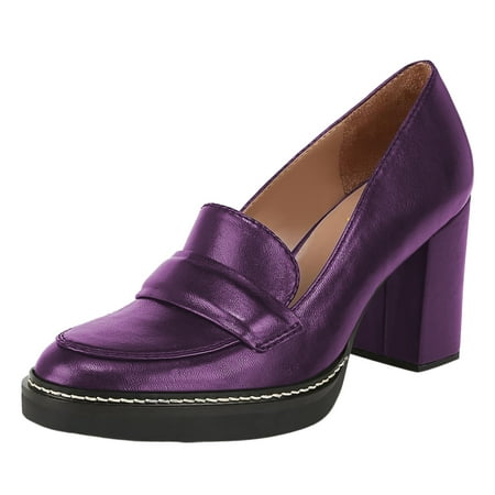 YDN Women Retro Round Closed Toe Penny Loafers Block High Heel Slip On Platform Pumps Working Dating Daily Shoes Size 11 Purple