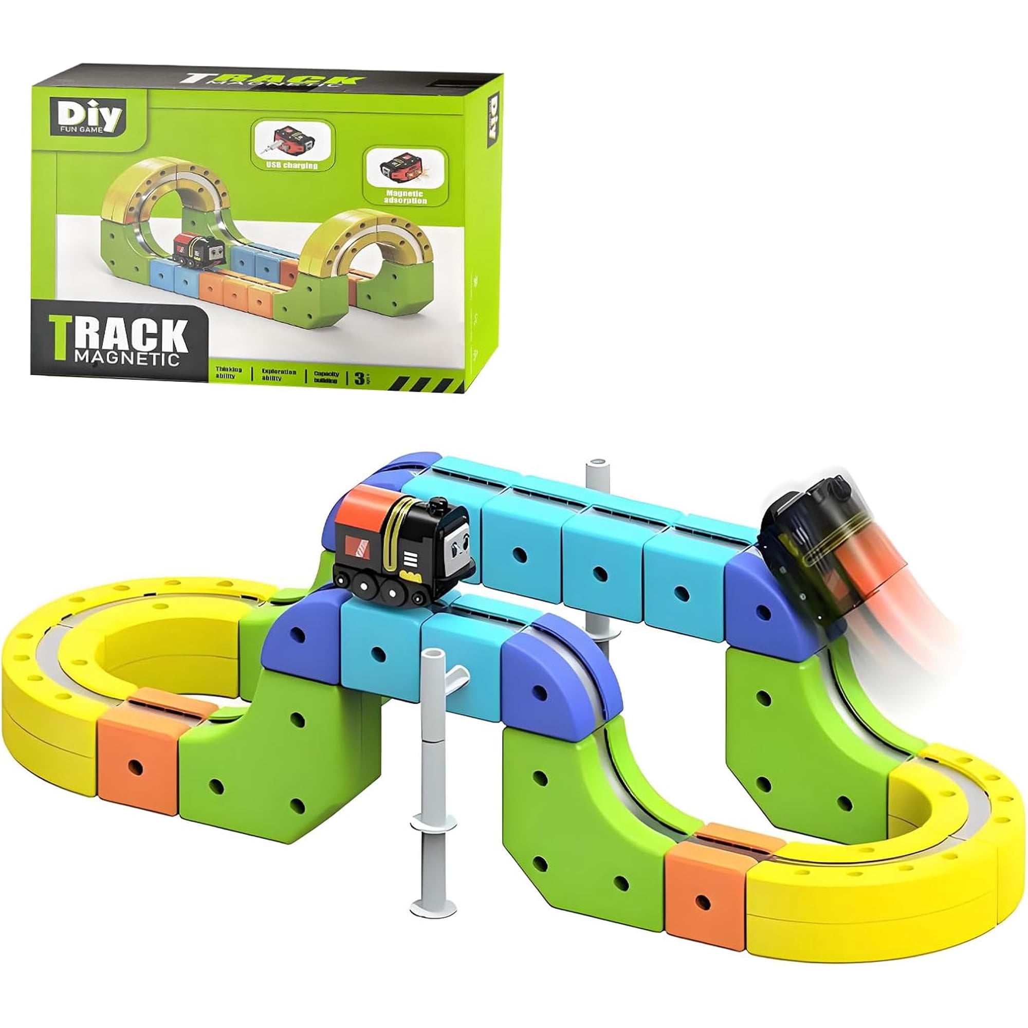Clickrail Electric Train Set Flexible Race Track Electric Train with Magnetic Tracks Building Blocks with 360° Loops/Bridges Gravity-Defying 3d Embedded Layouts & Motorized Car for Kids (62PCS)